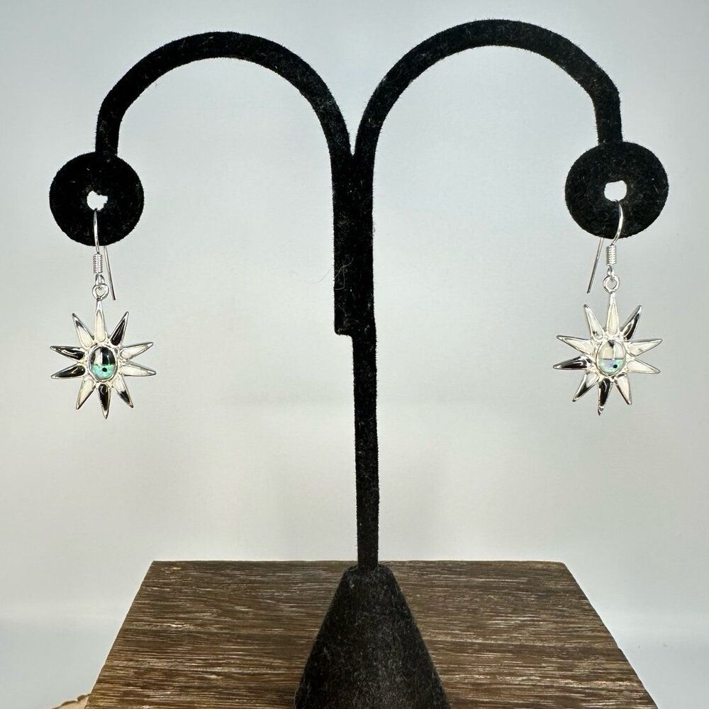 Native Sterling Silver Sun Face Onyx Opal and Mother of Pearl Dangle Earrings